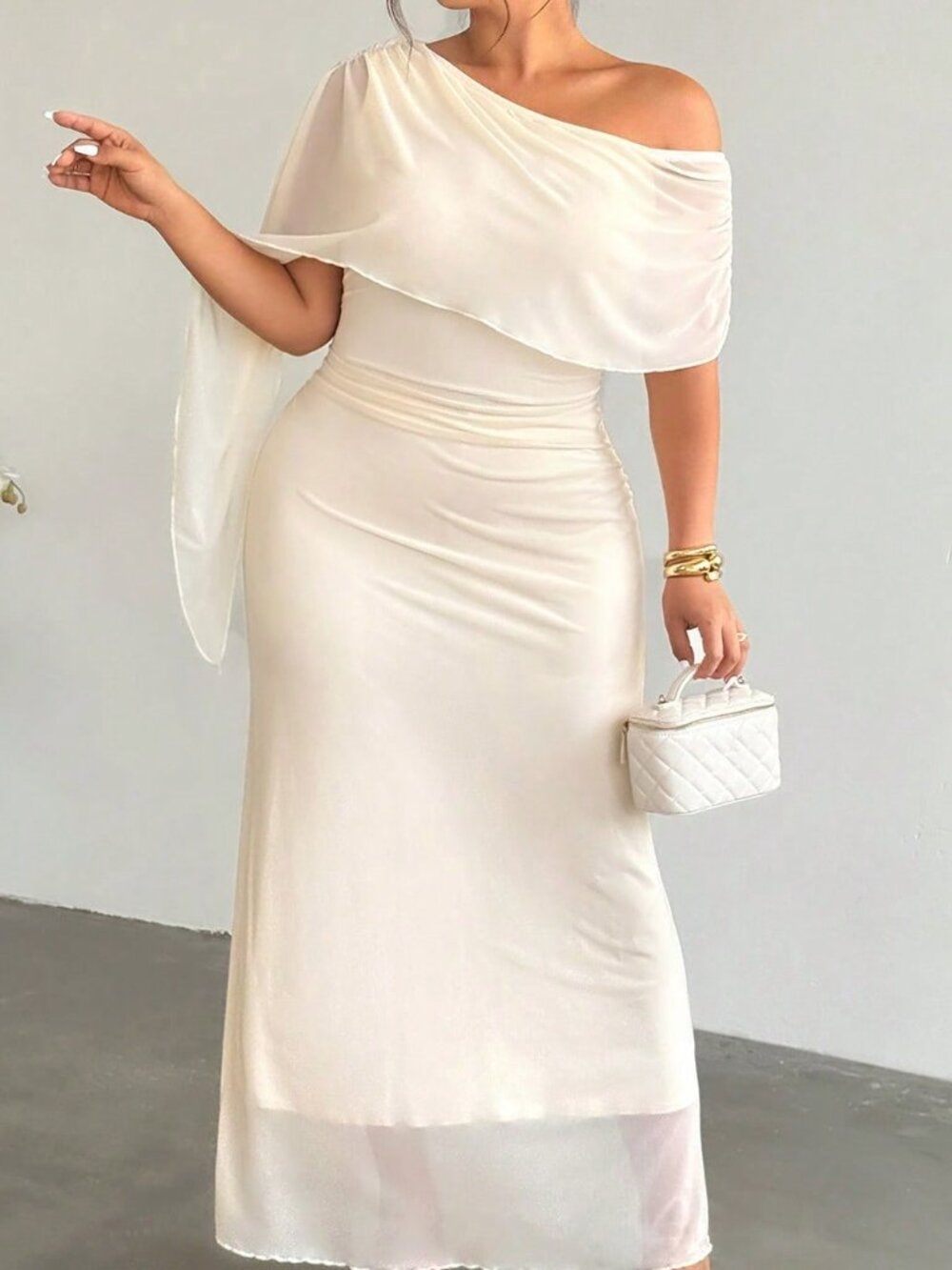 Apricot Elegant Women's Ruched Asymmetrical One Shoulder Long Pencil Dress
